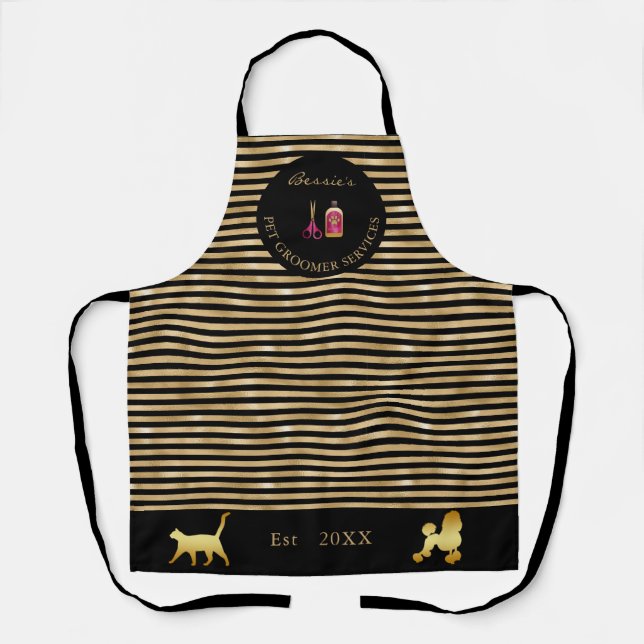 Trendy Gold & Black Pet Groomer Business Apron (Front)