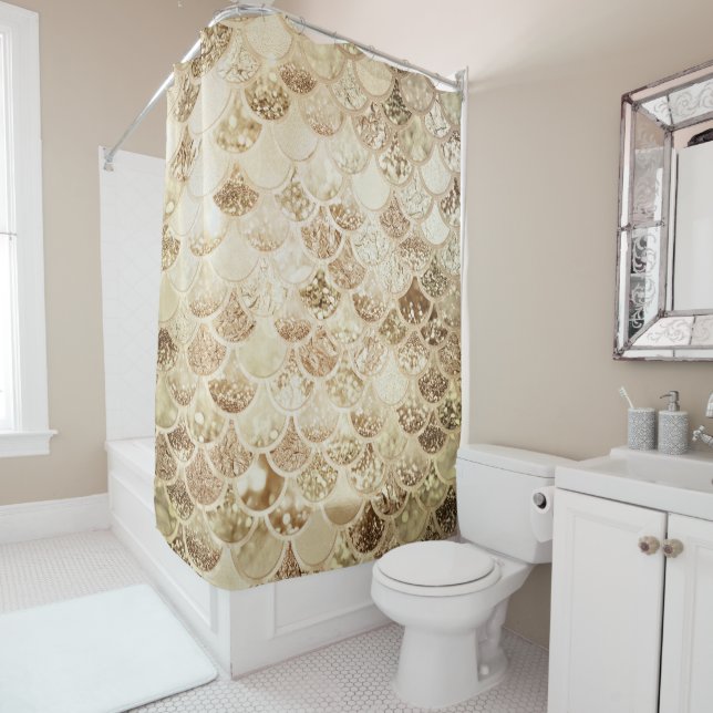 Trendy Gold Blush Ombre Glitter Mermaid Fish Scale Shower Curtain (In Situ)