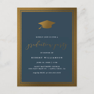 Trendy Gold Cap & Navy Graduation Party Invitation Postcard