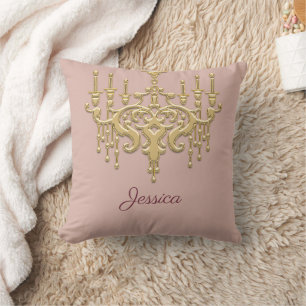 Trendy Gold Chandelier Monogrammed Throw Pillow