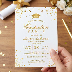 Trendy Gold Confetti Dots Graduation Party Photo Invitation