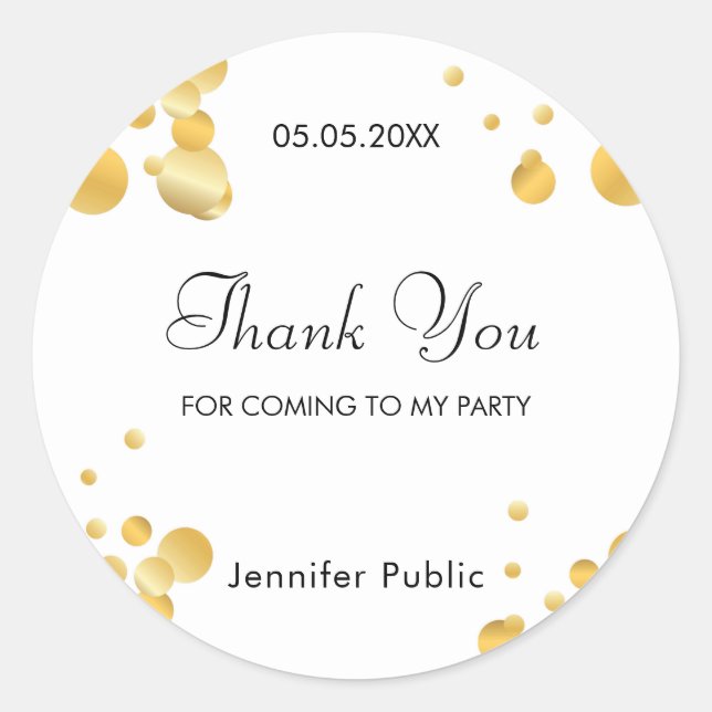 Trendy Gold Confetti Template Thank You Script Classic Round Sticker (Front)