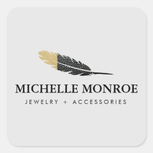Trendy Gold Dipped Boho Feather Designer Grey Square Sticker