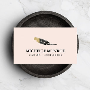 Trendy Gold Dipped Boho Feather Designer Pink Business Card