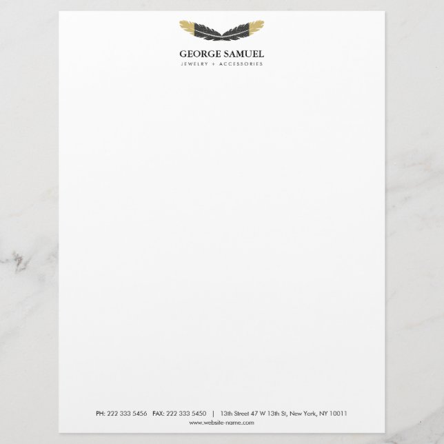 Trendy Gold Dipped Boho Feather Designer White Custom Letterhead (Front)