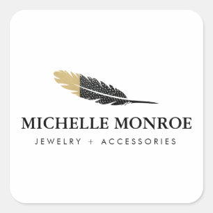 Trendy Gold Dipped Boho Feather Designer White Square Sticker