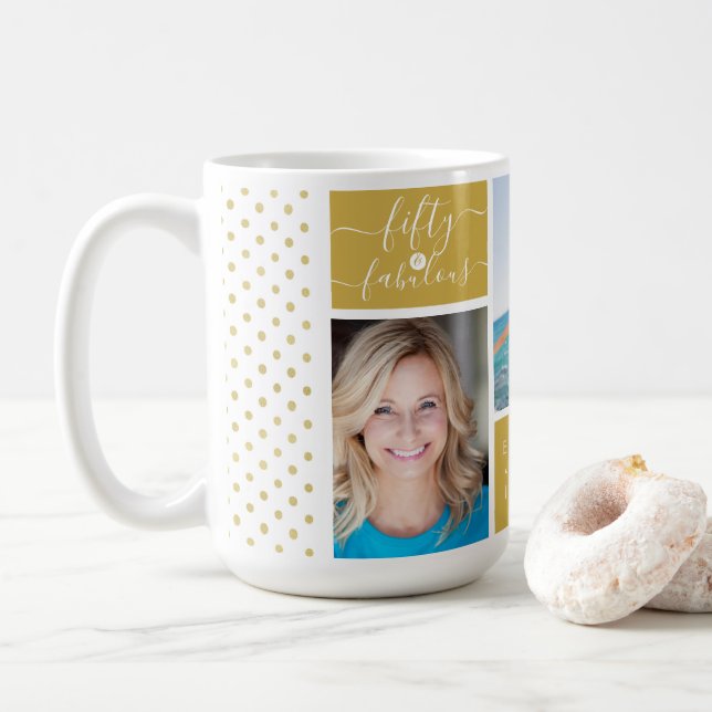 Trendy Gold Dotty Fifty & Fabulous 50th Birthday Coffee Mug (With Donut)