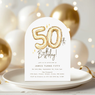 Trendy Gold Fifty Balloon 50th Birthday Party Invitation