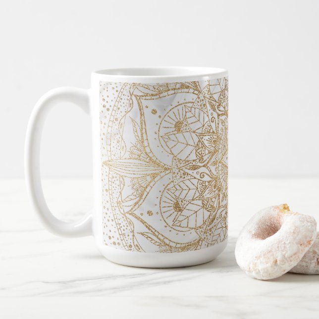 Trendy Gold Floral Mandala Marble Design Coffee Mug (With Donut)