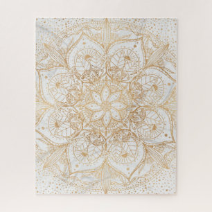 Trendy Gold Floral Mandala Marble Design Jigsaw Puzzle