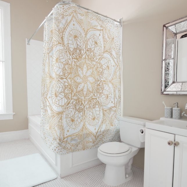 Trendy Gold Floral Mandala Marble Design Shower Curtain (In Situ)