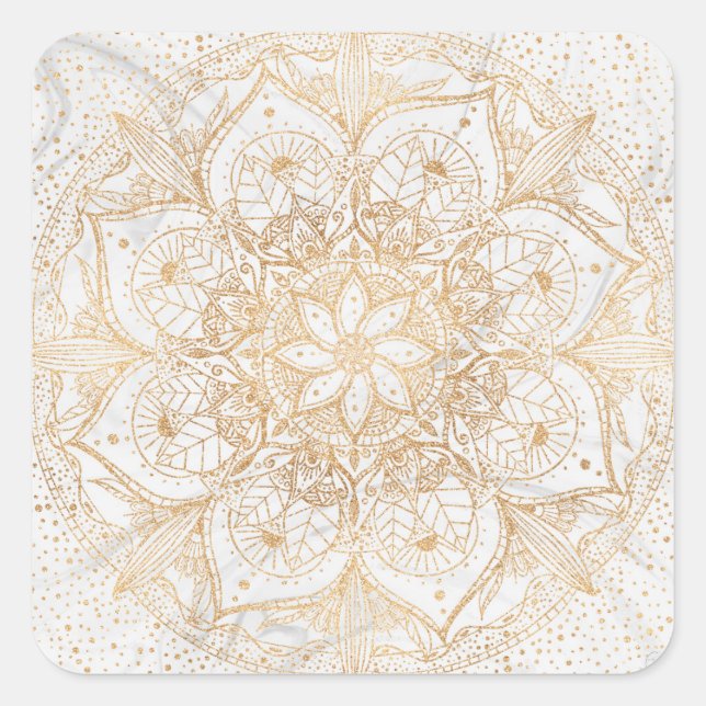 Trendy Gold Floral Mandala Marble Design Square Sticker (Front)