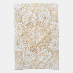 Trendy Gold Floral Mandala Marble Design Tea Towel
