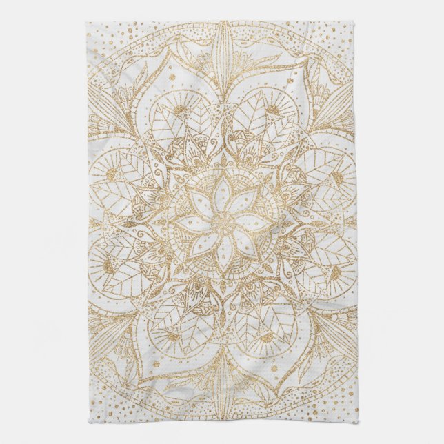 Trendy Gold Floral Mandala Marble Design Tea Towel (Vertical)