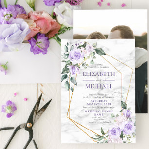 Trendy Gold Geometric Lilac Floral Marble Photo Invitation