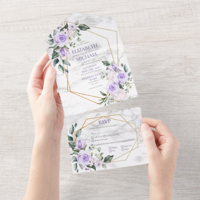 Trendy Gold Geometric Lilac Floral Marble Spring All In One Invitation (Tearaway)