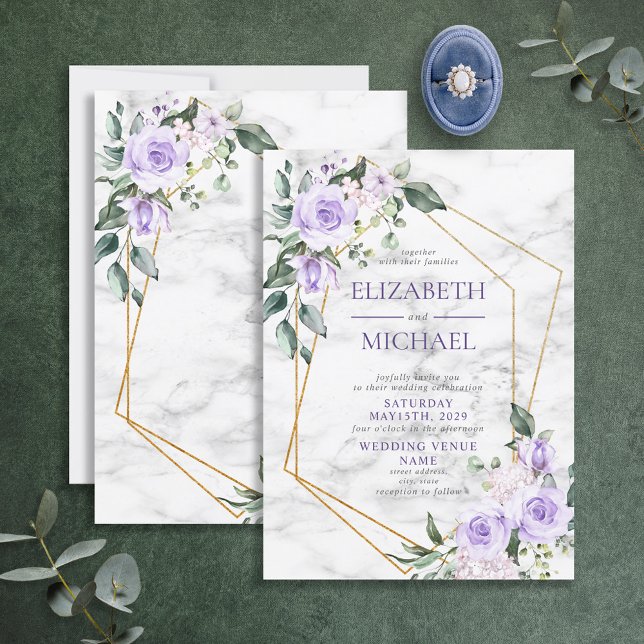 Trendy Gold Geometric Lilac Floral Marble Spring Invitation (Creator Uploaded)