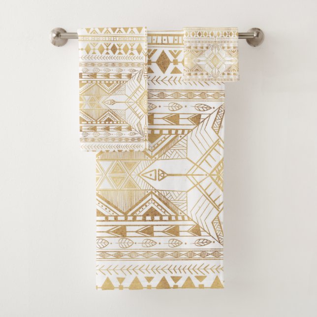 Trendy Gold Geometric Tribal Aztec Pattern Bath Towel Set (Insitu)