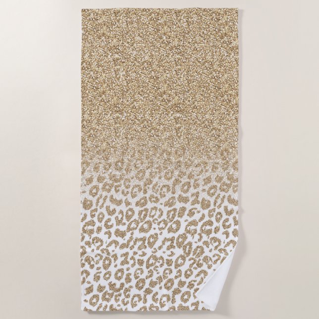 Trendy Gold Glitter and Leopard Print Gradient Beach Towel (Front)