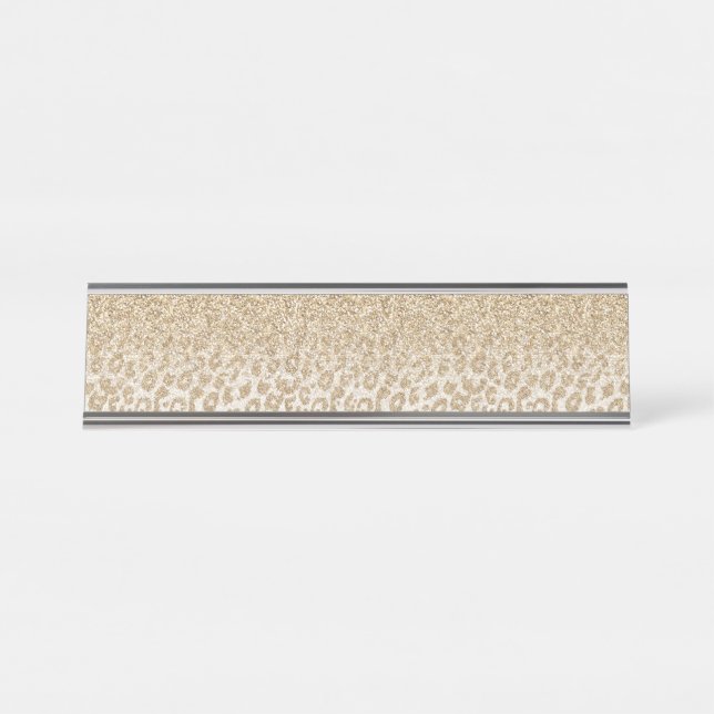 Trendy Gold Glitter and Leopard Print Gradient Desk Name Plate (Front)