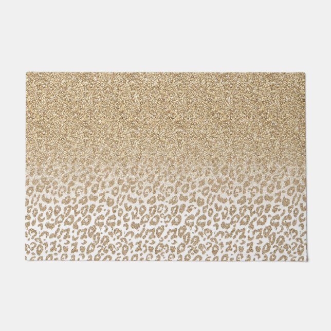 Trendy Gold Glitter and Leopard Print Gradient Doormat (Front)