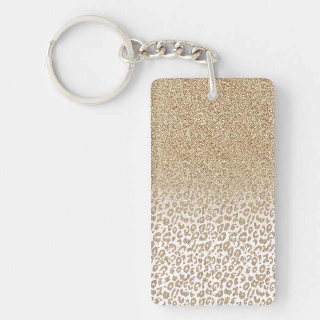 Trendy Gold Glitter and Leopard Print Gradient Key Ring (Front)