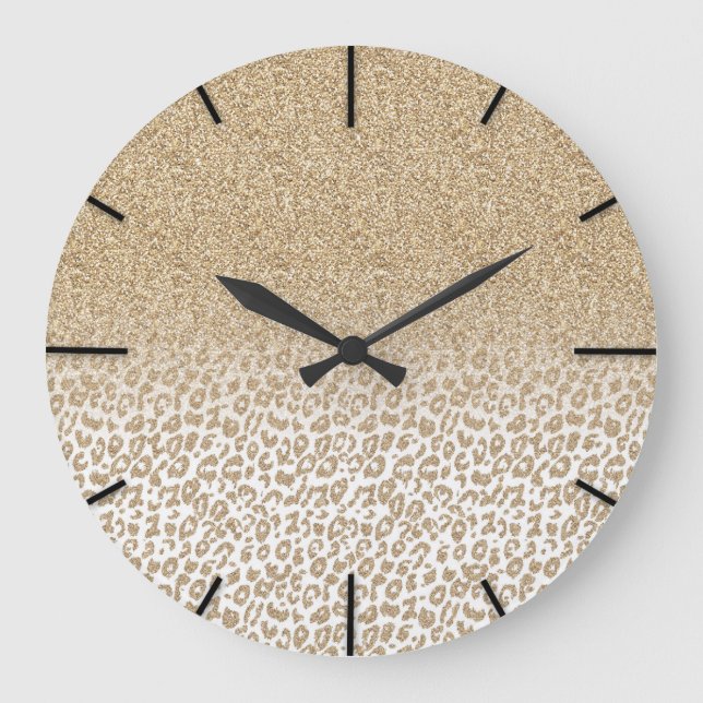 Trendy Gold Glitter and Leopard Print Gradient Large Clock (Front)