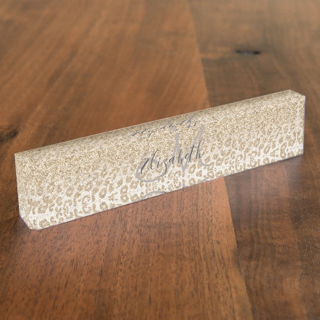 Trendy Gold Glitter and Leopard Print Gradient Nameplate (Side)
