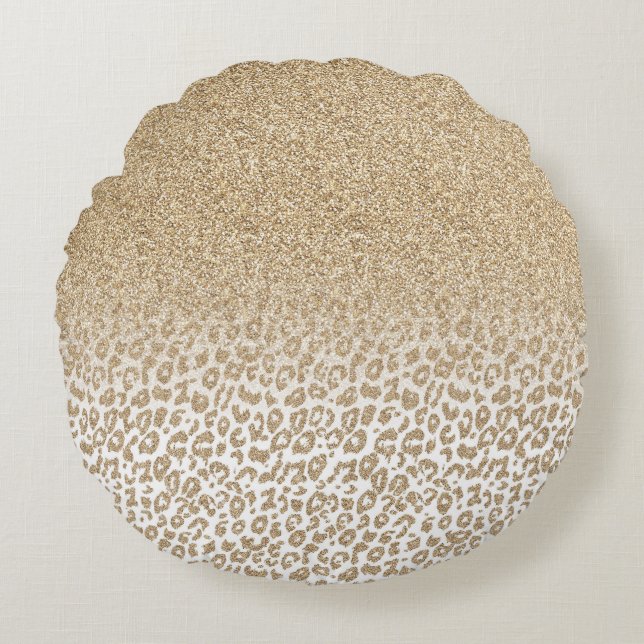 Trendy Gold Glitter and Leopard Print Gradient Round Cushion (Front)
