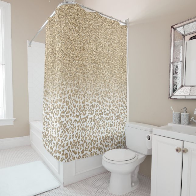 Trendy Gold Glitter and Leopard Print Gradient Shower Curtain (In Situ)