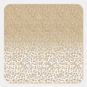 Trendy Gold Glitter and Leopard Print Gradient Square Sticker