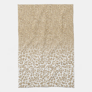 Trendy Gold Glitter and Leopard Print Gradient Tea Towel