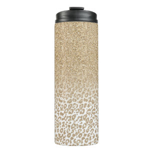 Trendy Gold Glitter and Leopard Print Gradient Thermal Tumbler