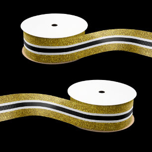 Trendy Gold Glitter Black And White Striped   Grosgrain Ribbon