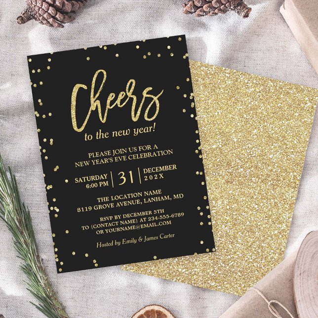 Trendy Gold Glitter Cheers New Year's Eve Party Invitation (Creator Uploaded)