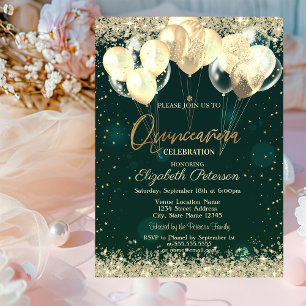 Trendy Gold Glitter Diamonds Balloons Green Invitation