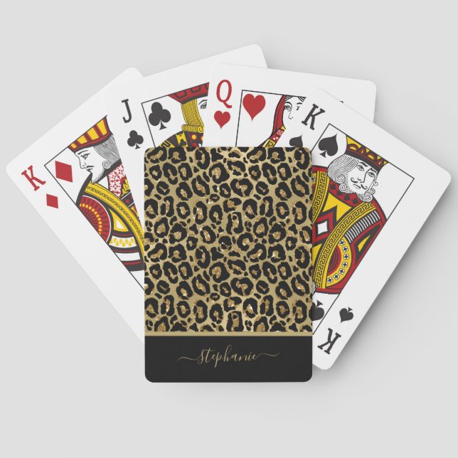 Trendy Gold Glitter Leopard Animal Print Monogram Playing Cards (Back)