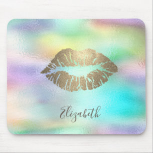 Trendy Gold Glitter Lips Rainbow Holographic Mouse Pad