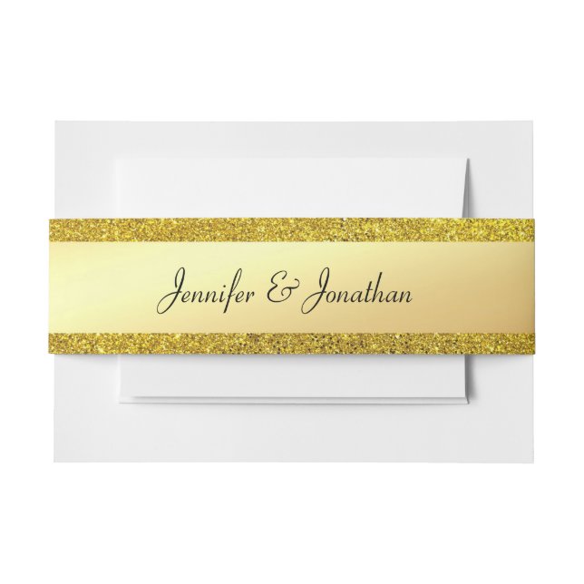 Trendy Gold Glitter Modern Handwritten Script Text Invitation Belly Band (Front Example)