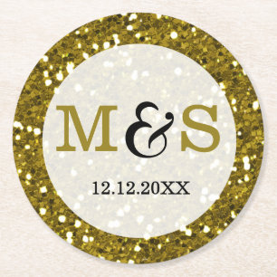 Trendy Gold Glitter Monogrammed Wedding Round Paper Coaster