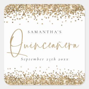 Trendy Gold Glitter Name Date Quinceañera Party Square Sticker