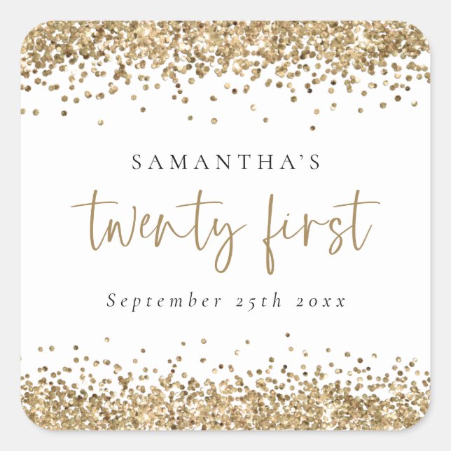 Trendy Gold Glitter Name Date Twenty First Party Square Sticker (Front)