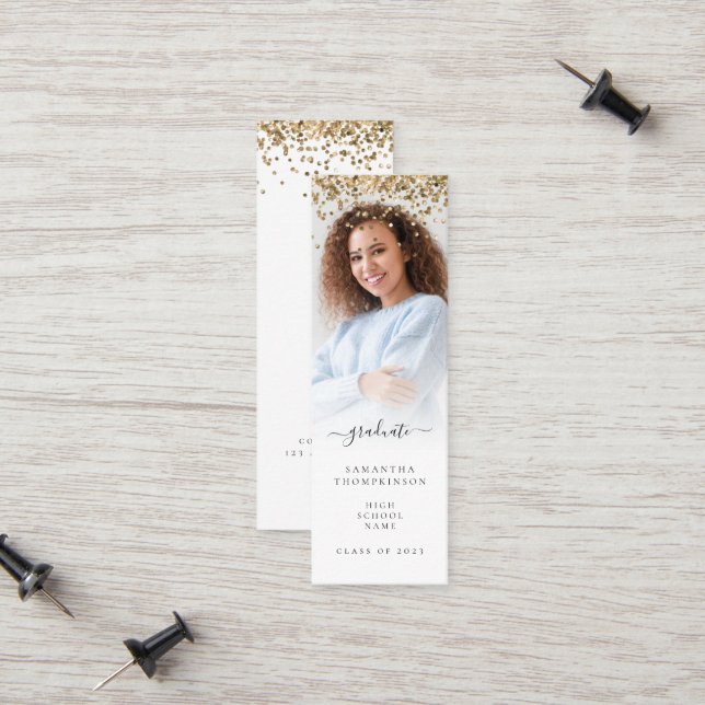 Trendy Gold Glitter Photo 2024 Graduation Calling Card (Front/Back In Situ)