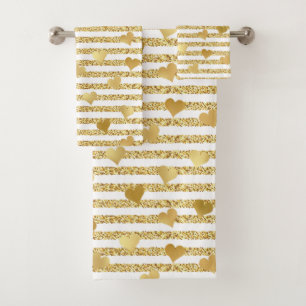 Trendy Gold Glitter Romantic Hearts Girly Pattern Bath Towel Set