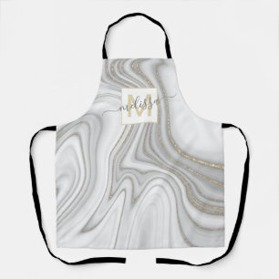 Trendy gold glitter sparkle marble name monogram apron