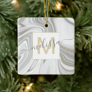 Trendy gold glitter sparkle marble name monogram ceramic ornament