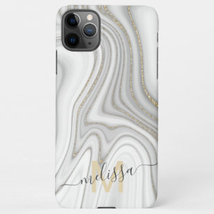 Trendy gold glitter sparkle marble name monogram iPhone 11Pro max case