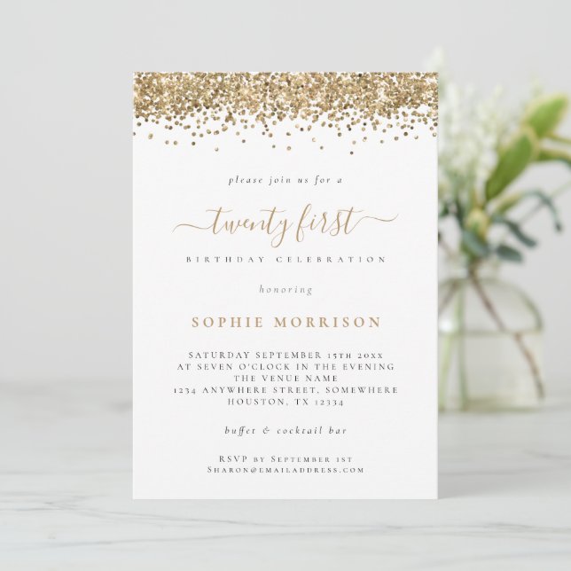 Trendy Gold Glitter Twenty First Birthday Party Invitation (Standing Front)