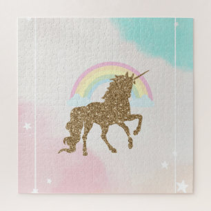 Trendy Gold Glitter Unicorn Rainbow Jigsaw Puzzle
