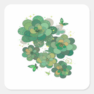 Trendy Gold GREEN FLOWERS AND BUTTERFLIES Gift Square Sticker
